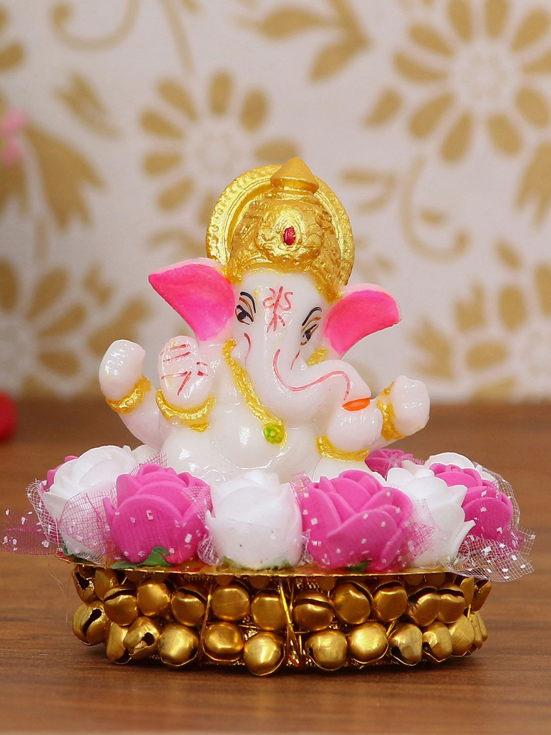 eCraftIndia White & Pink Handcrafted Lord Ganesha On Plate With Flowers Showpiece Price in India