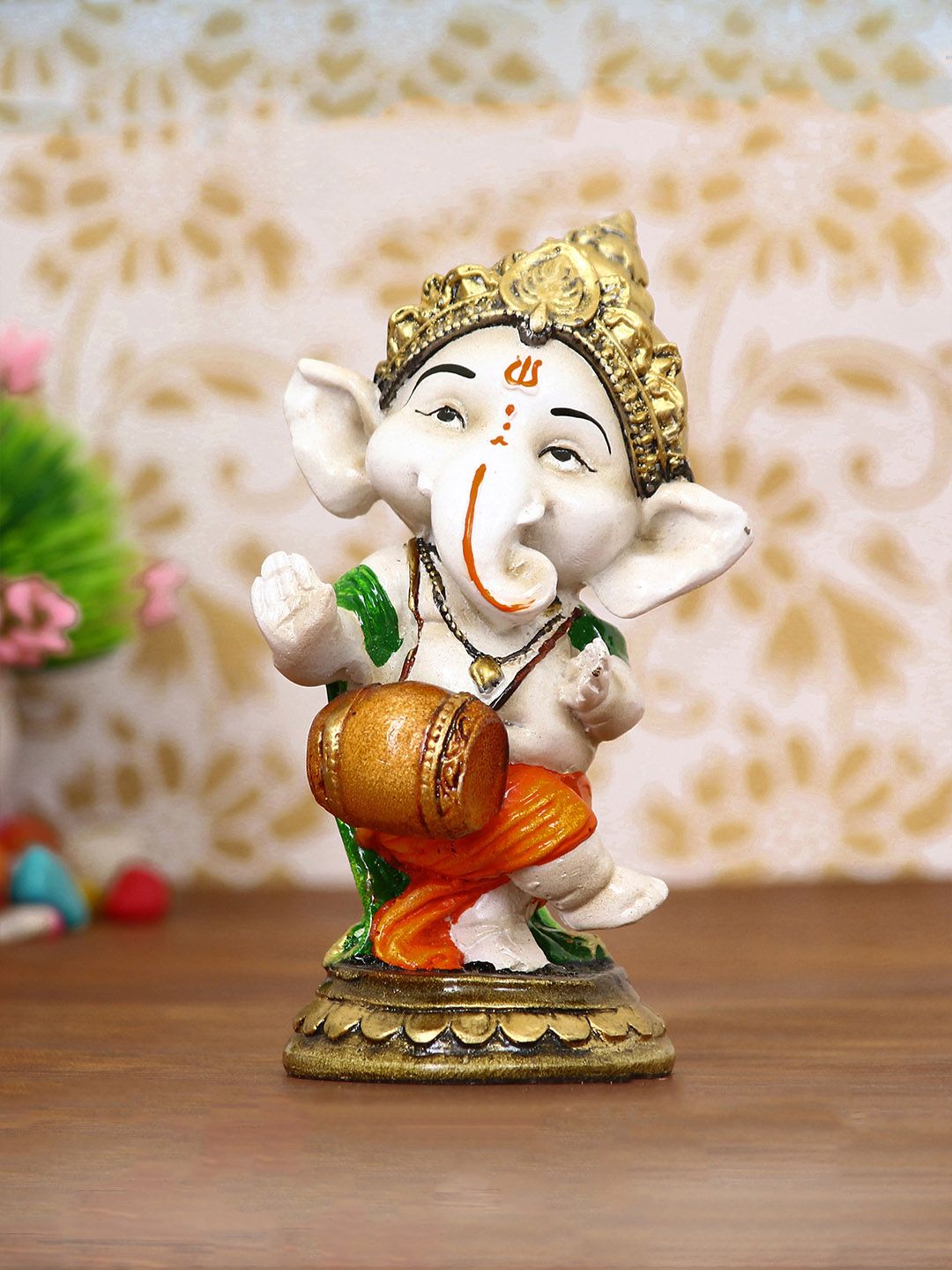 eCraftIndia White & Orange-Coloured Handcrafted Lord Ganesha Dancing Avatar Decorative Showpiece Price in India