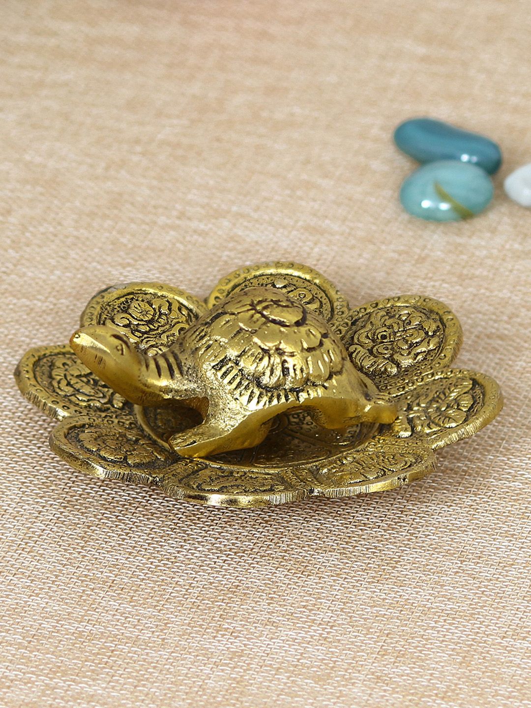 eCraftIndia Gold-Toned Handcrafted Feng Shui Tortoise With Decorative Plate Showpiece Price in India