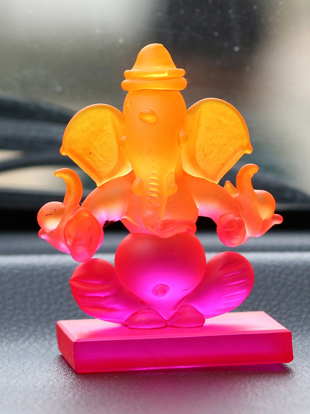 eCraftIndia Orange-Coloured & Pink Handcrafted Double Sided Crystal Ganesha Decorative Showpiece Price in India