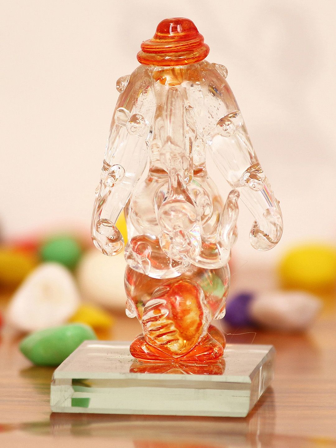 eCraftIndia Orange Coloured & Transparent Handcrafted Double Sided Crystal Lord Ganesha Showpiece Price in India