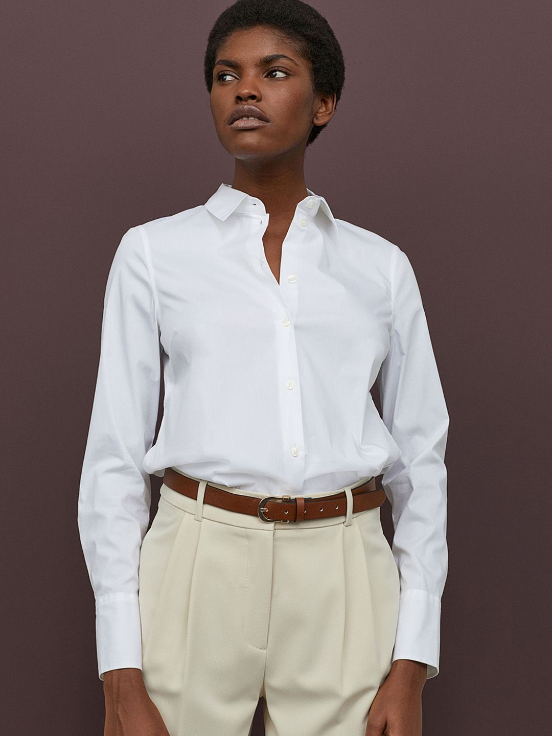 H&M Women White Regular Fit Solid Stretch Formal Shirt