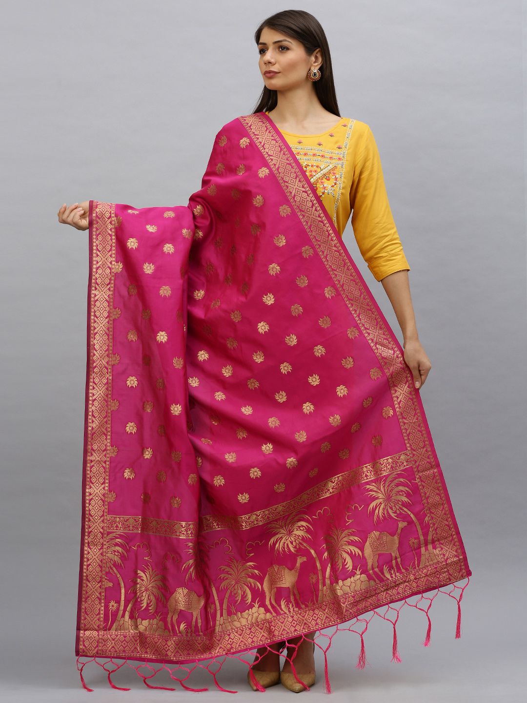 MIMOSA Pink & Gold-Toned Woven Design Dupatta Price in India