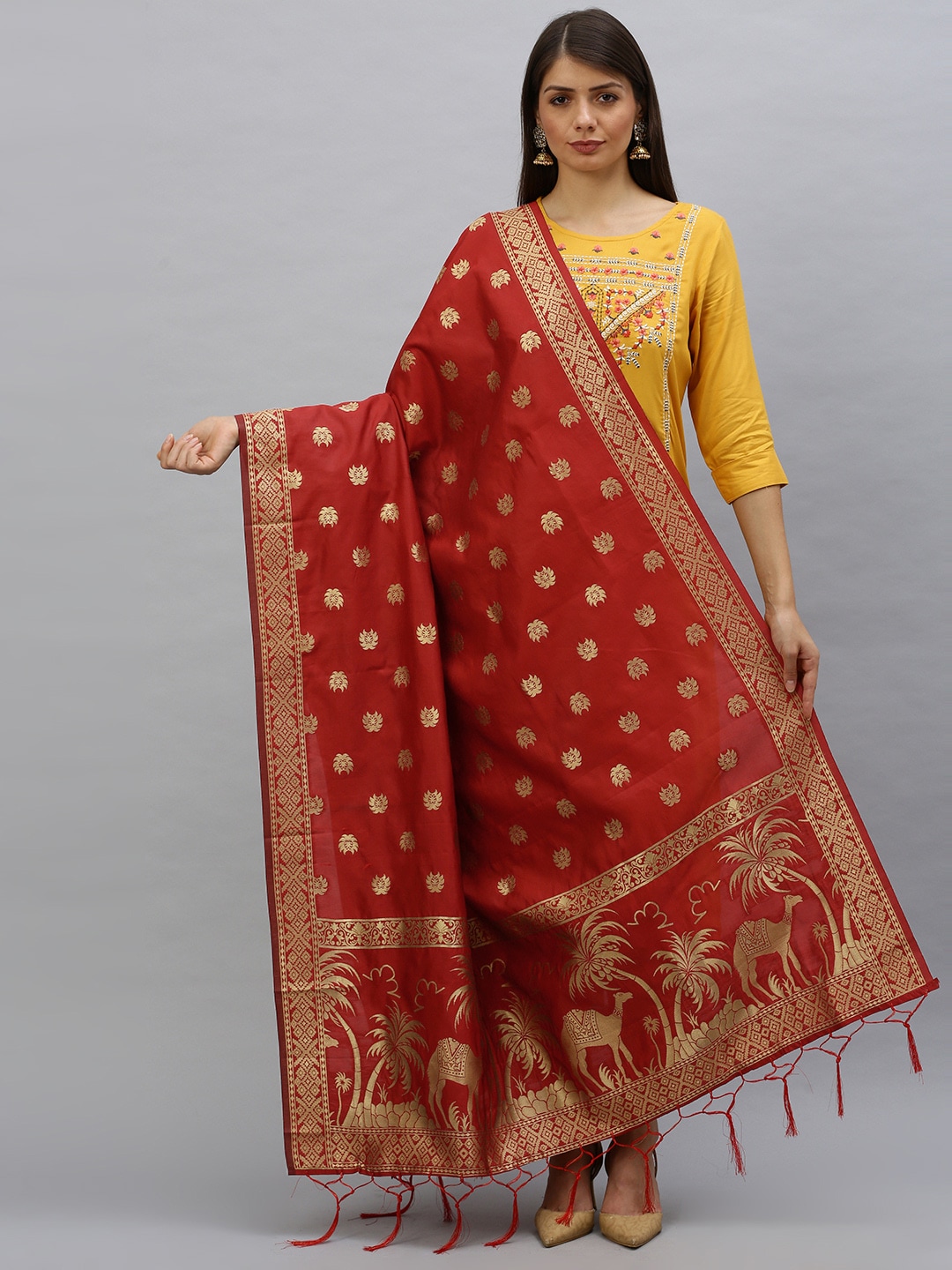 MIMOSA Red & Gold-Toned Banarasi Woven Design Dupatta Price in India