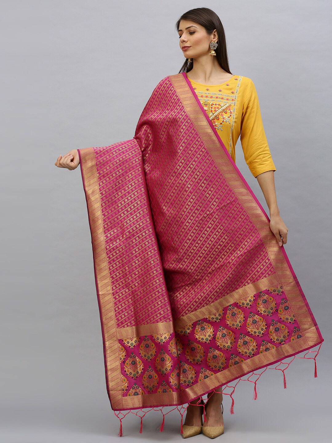 MIMOSA Pink & Gold-Toned Banarasi Woven Design Dupatta Price in India