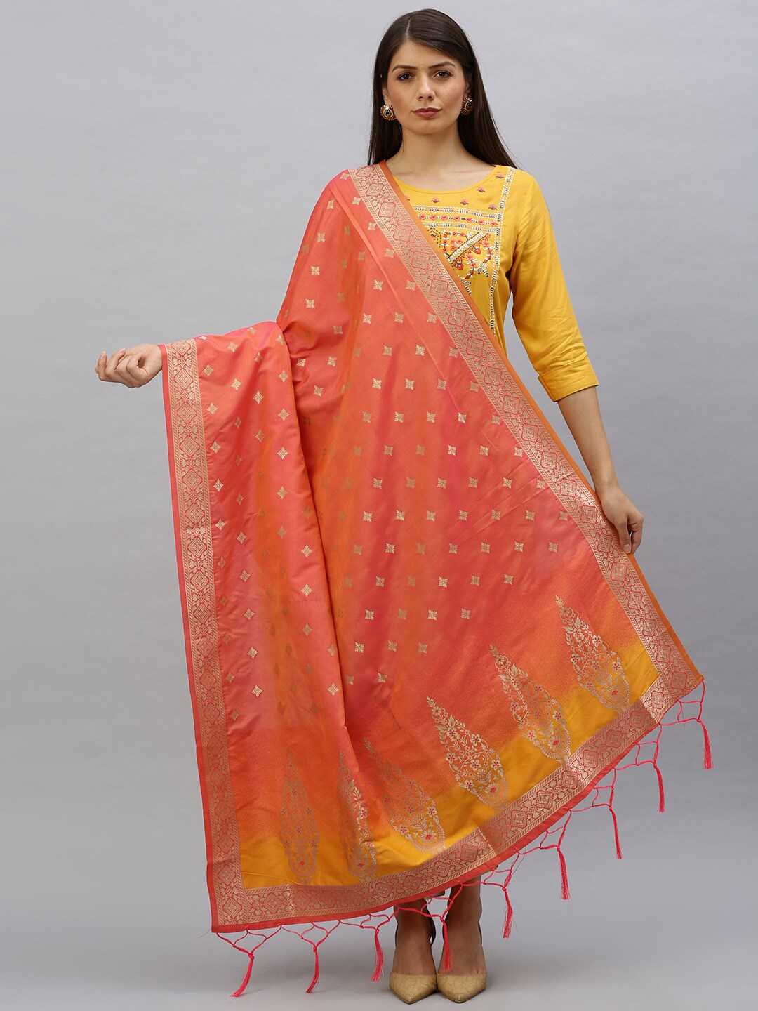 MIMOSA Coral Orange & Gold-Toned Woven Design Banarasi Art Silk Dupatta Price in India