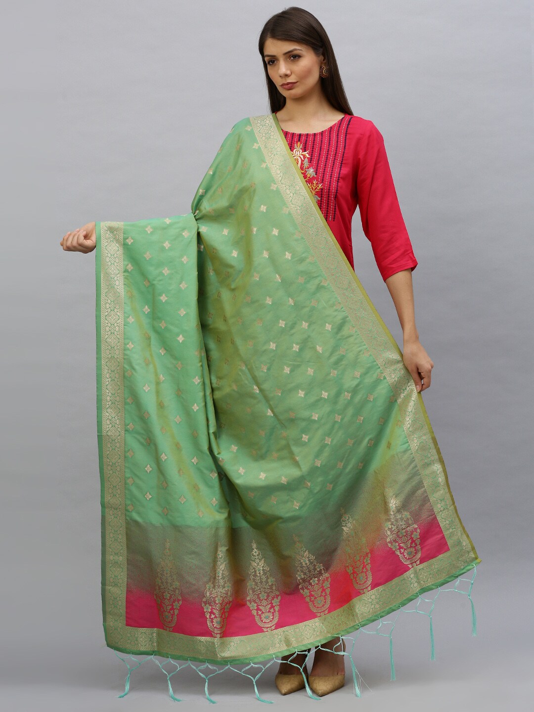 MIMOSA Sea Green Woven Design Banarasi Art Silk Dupatta Price in India
