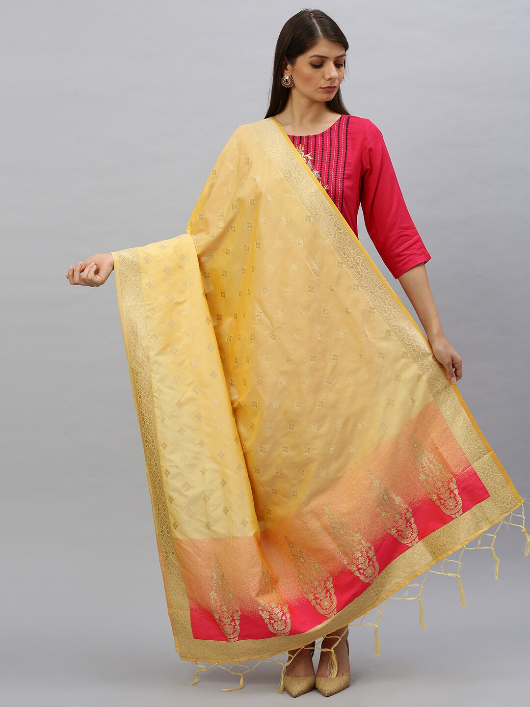 MIMOSA Yellow Woven Design Banarasi Art Silk Dupatta Price in India