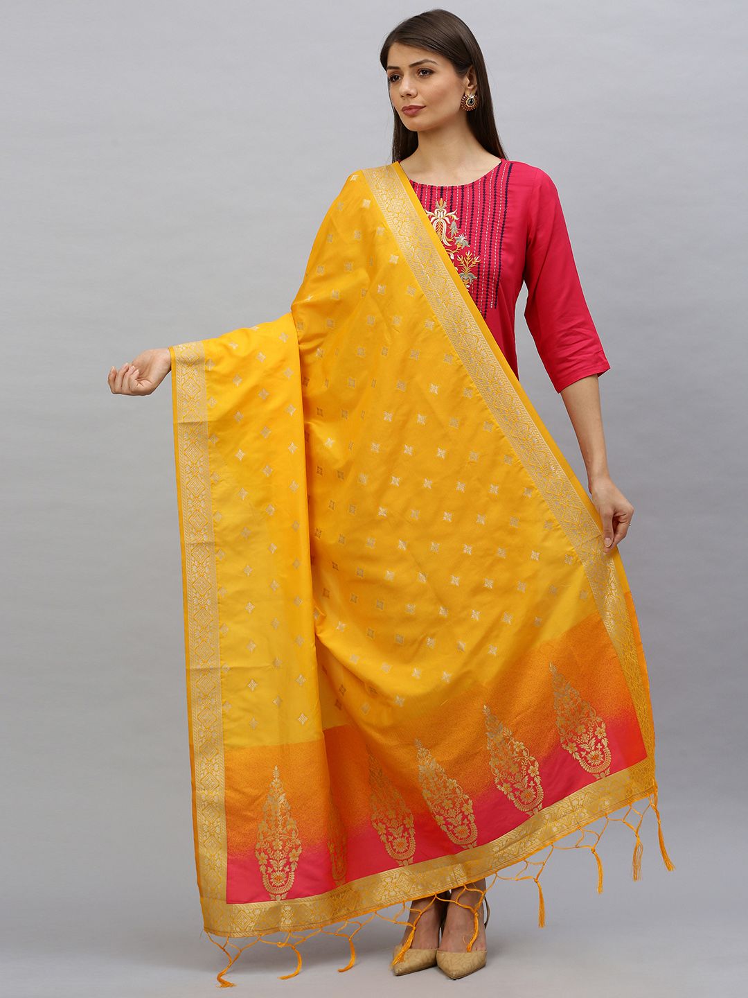 MIMOSA Yellow & Gold-Toned Woven Design Banarasi Art Silk Dupatta Price in India