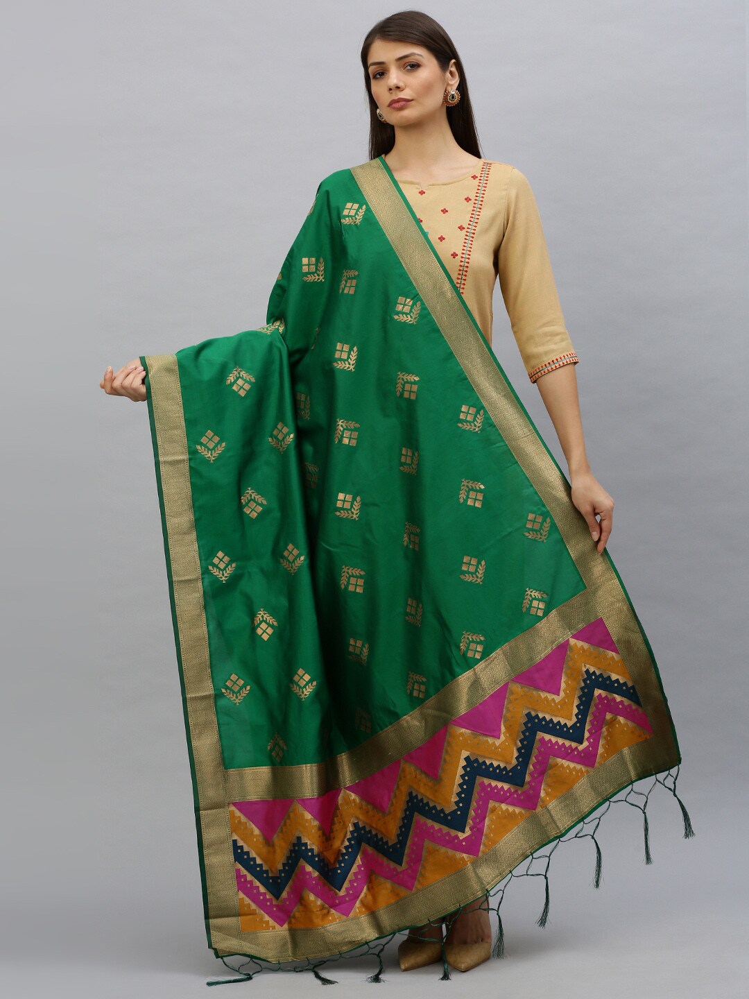 MIMOSA Green Woven Design Banarasi Art Silk Dupatta Price in India