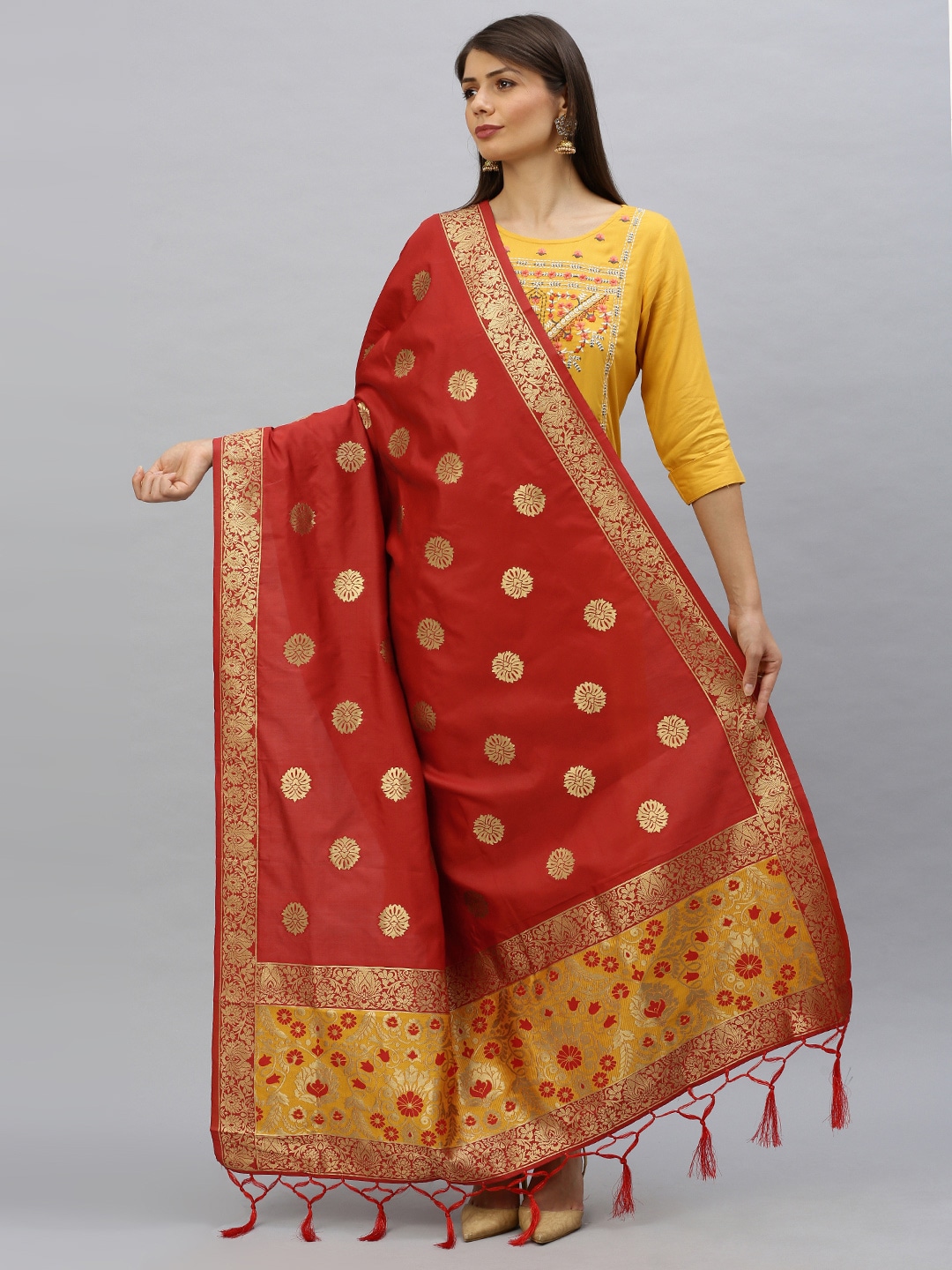 MIMOSA Maroon & Gold-Toned Woven Design Banarasi Art Silk Dupatta Price in India