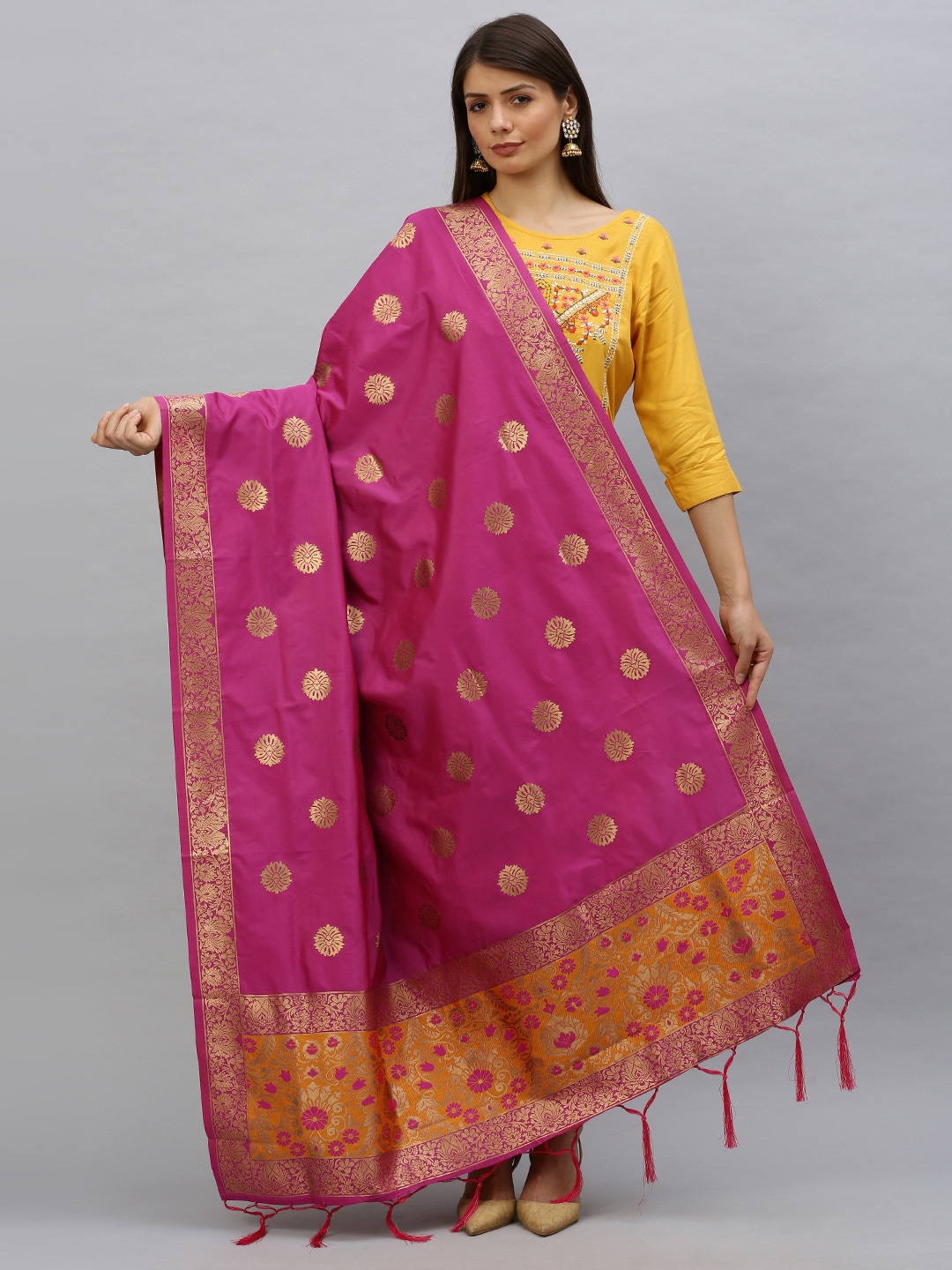 MIMOSA Pink & Gold-Toned Woven Design Banarasi Art Silk Dupatta Price in India
