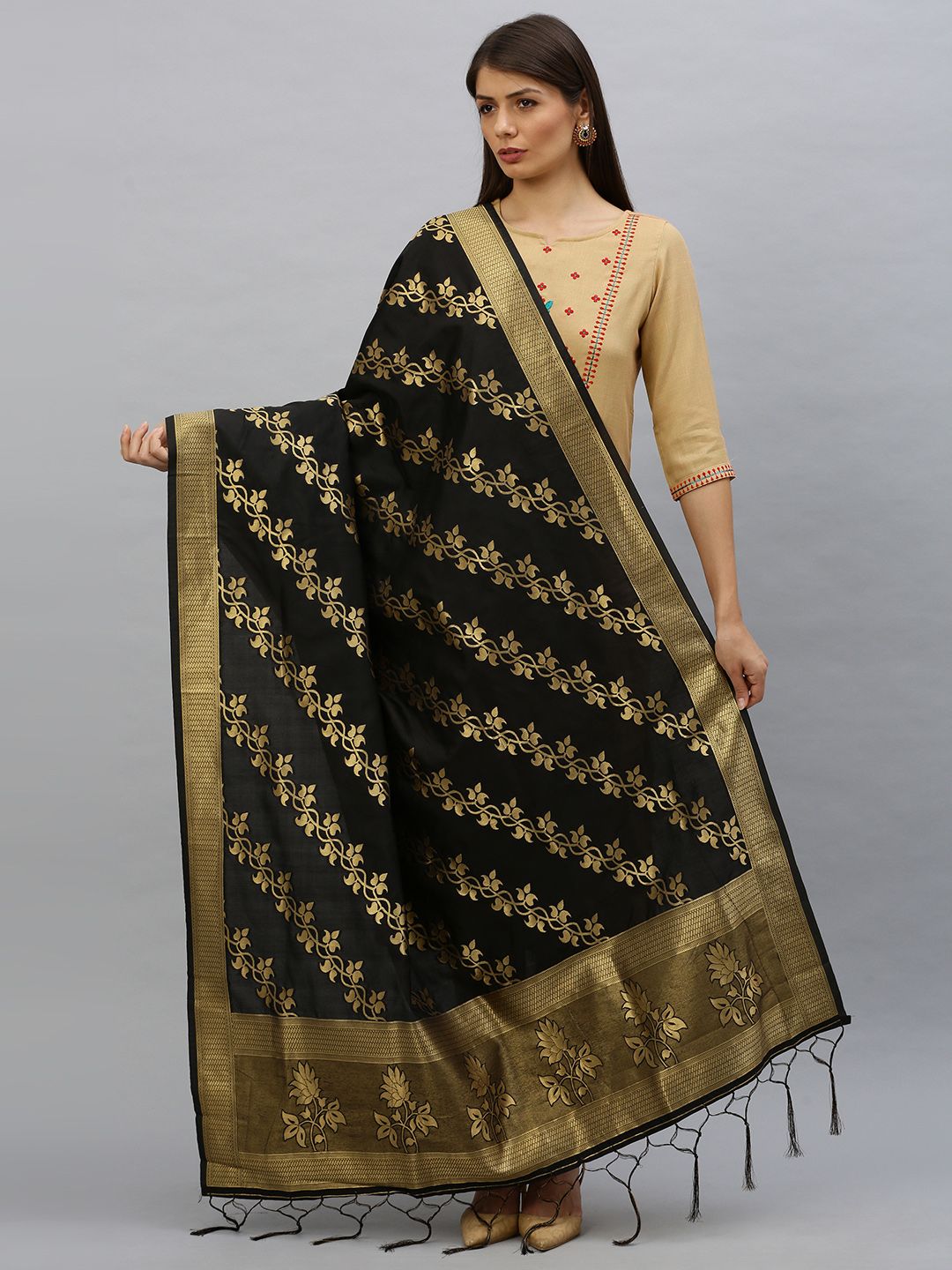 MIMOSA Black & Beige Woven Design Dupatta Price in India
