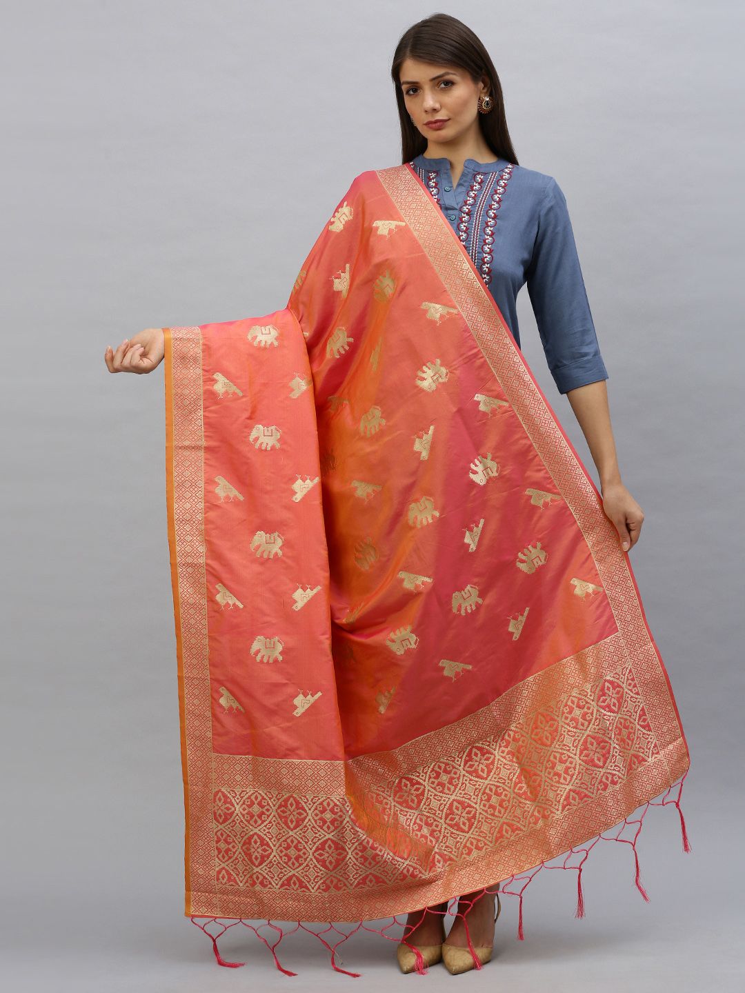 MIMOSA Coral & Gold-Toned Woven Design Dupatta