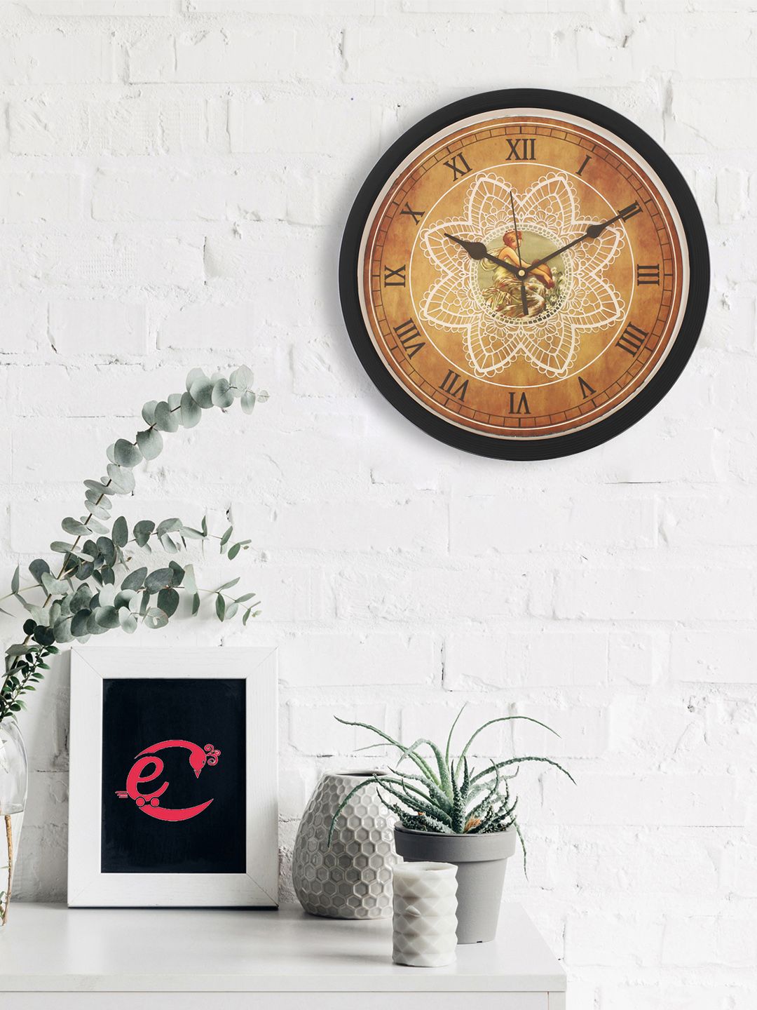 eCraftIndia Brown & Black Round Printed Analogue Wall Clock 22 cm Price in India