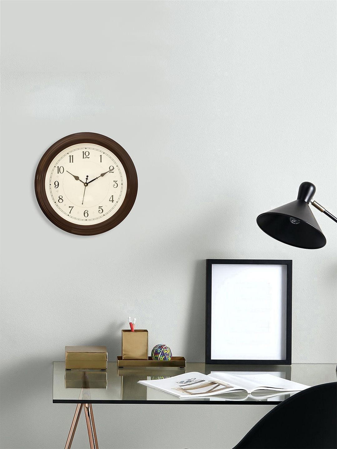 eCraftIndia Beige & Brown Round Solid Analogue Wall Clock Price in India