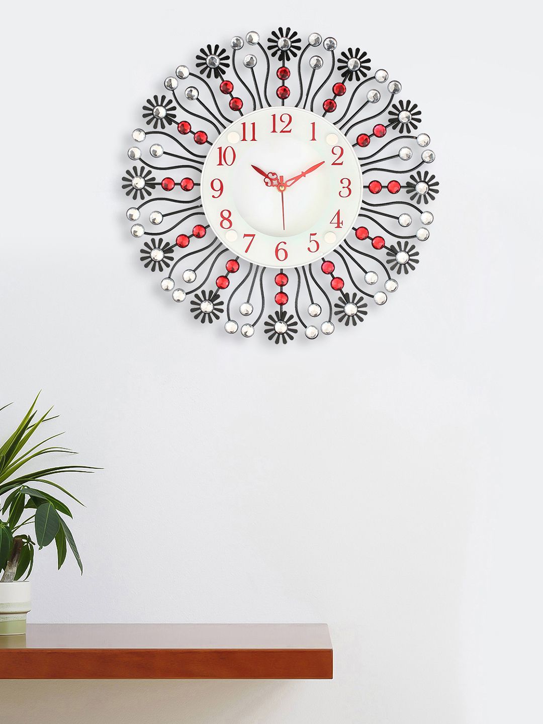 eCraftIndia White & Red Handcrafted Round Embellished 37 cm Analogue Wall Clock Price in India