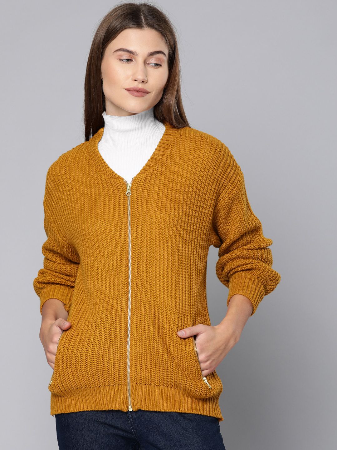 Chemistry Women Mustard Yellow Self Design Cardigan Sweater Price in India