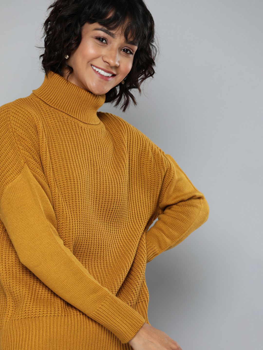 Chemistry Women Mustard Solid Turtle Neck Pullover Sweater Price in India