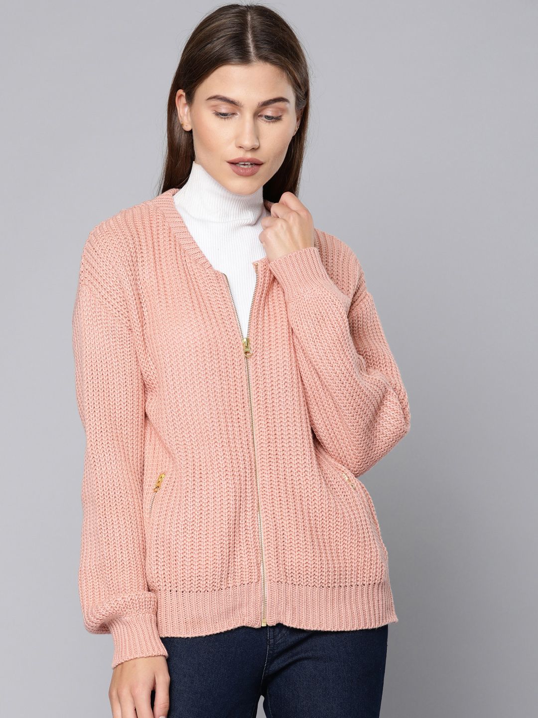 Chemistry Women Pink Self Design Cardigan Sweater Price in India