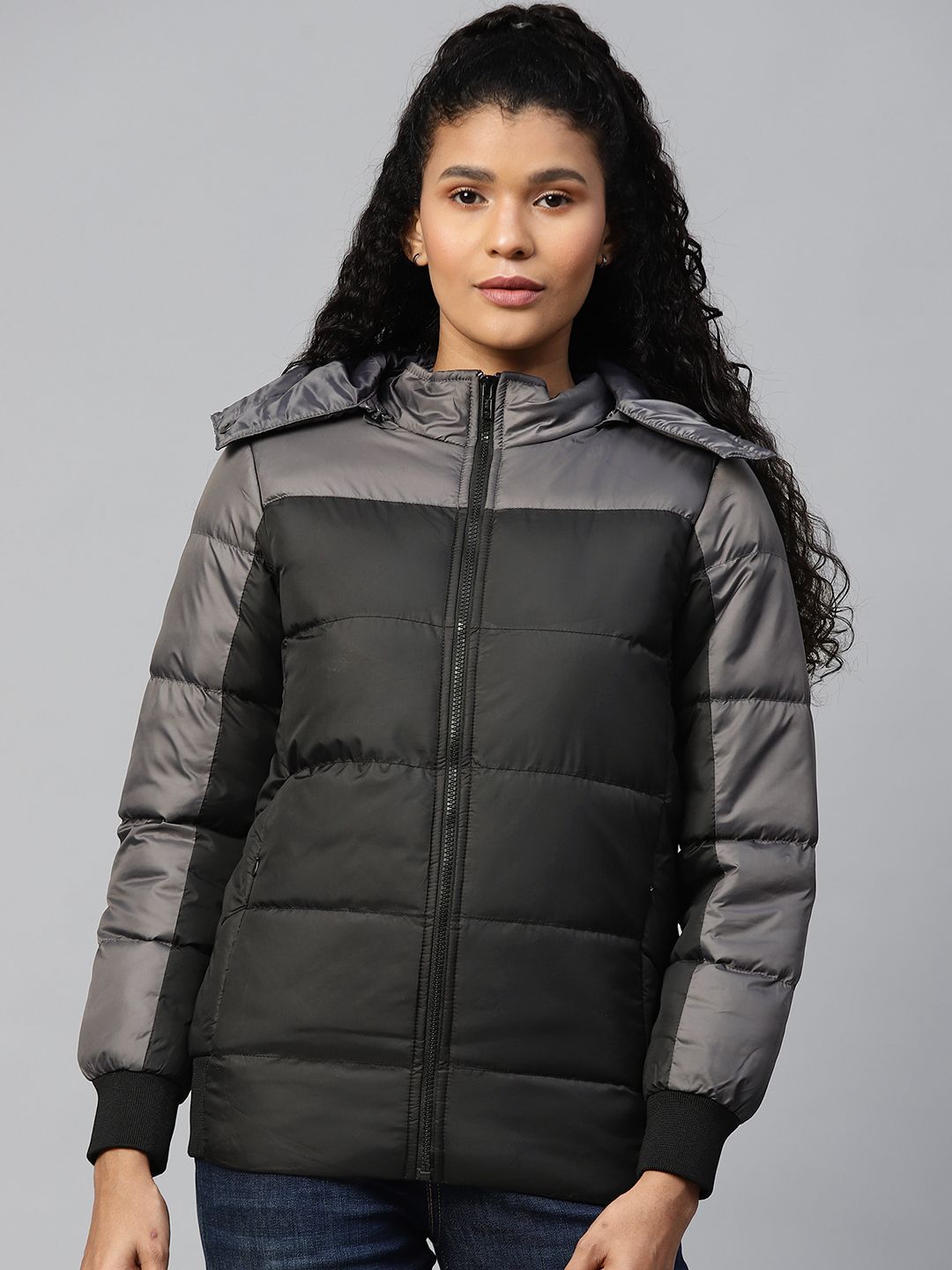 Chemistry Women Black & Charcoal Grey Colourblocked Detachable Hooded Padded Jacket Price in India