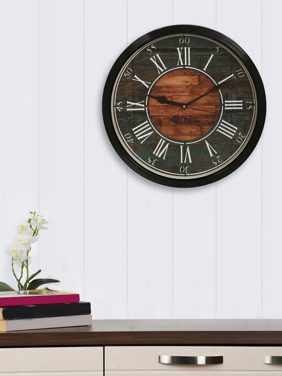 eCraftIndia Black & Brown Round Textured Analogue Wall Clock 31.7 cm Price in India
