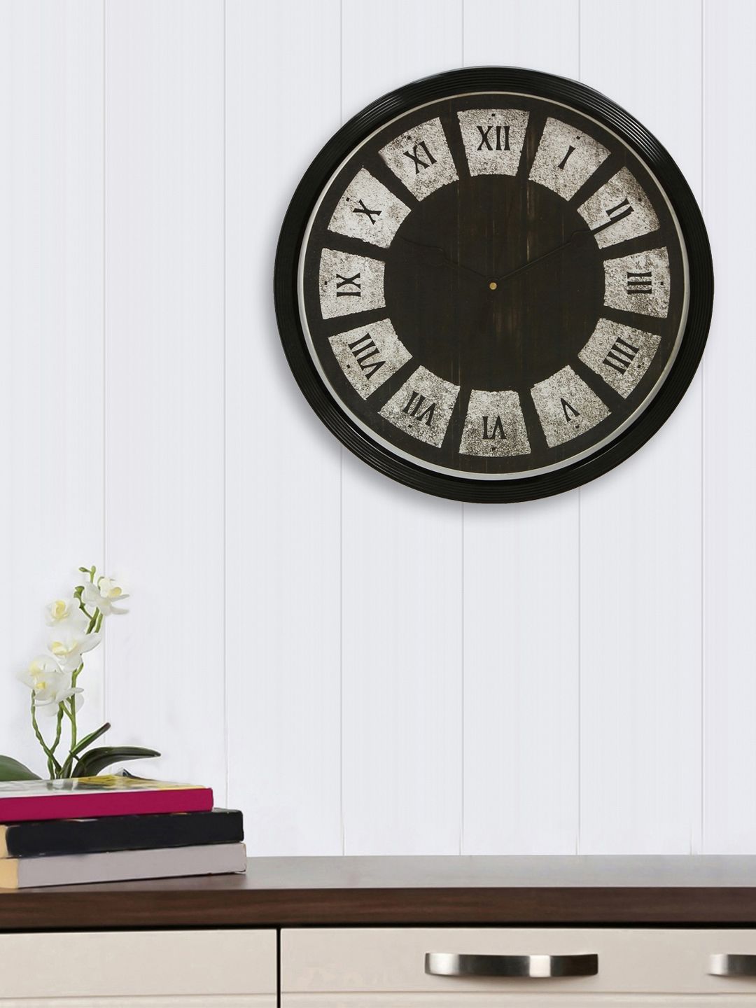 eCraftIndia Black & Grey Round Printed Analogue Wall Clock 31.7 cm Price in India