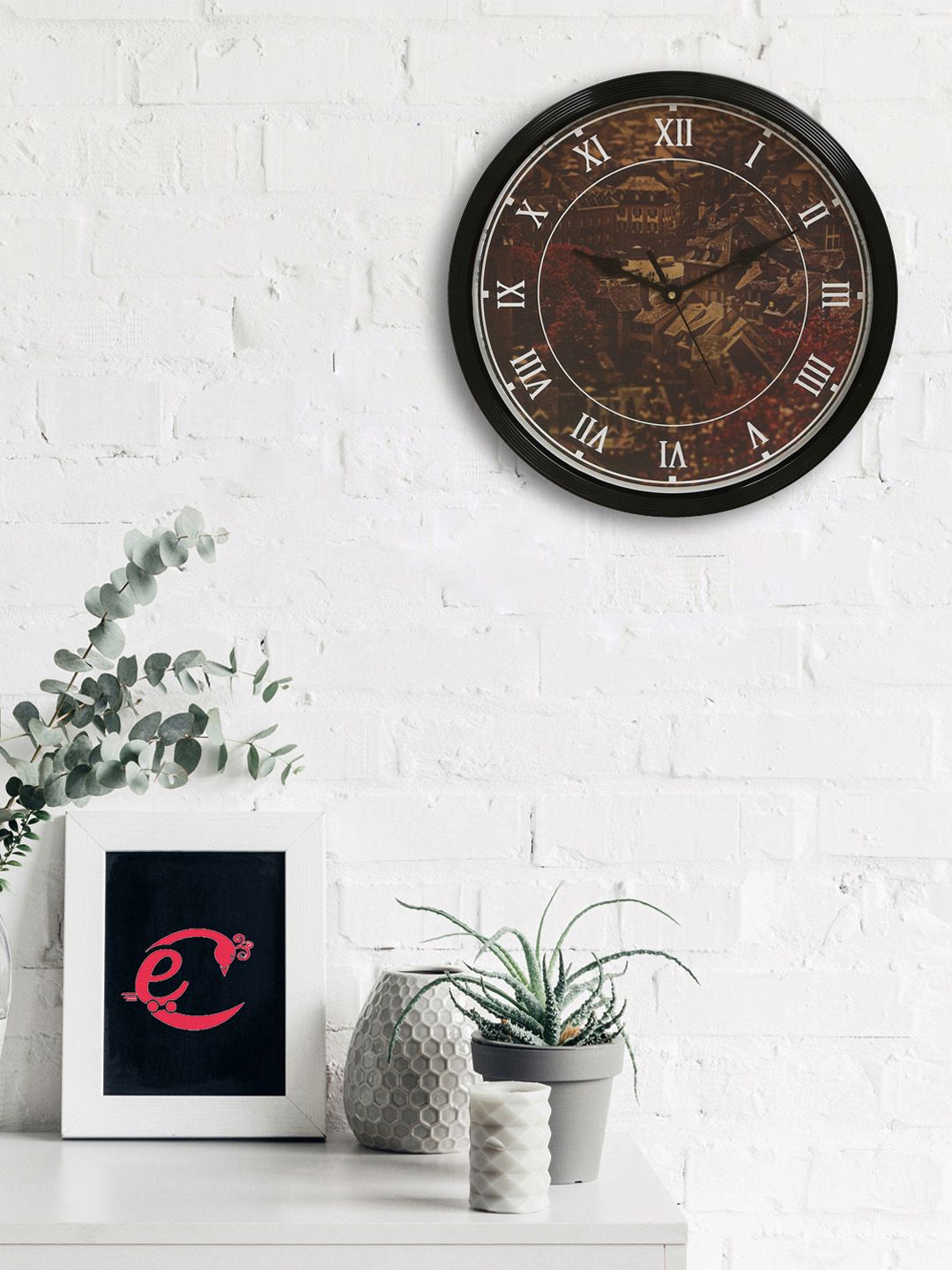 eCraftIndia Black & Brown Round Printed 31 x 31 CM Analogue Wall Clock Price in India