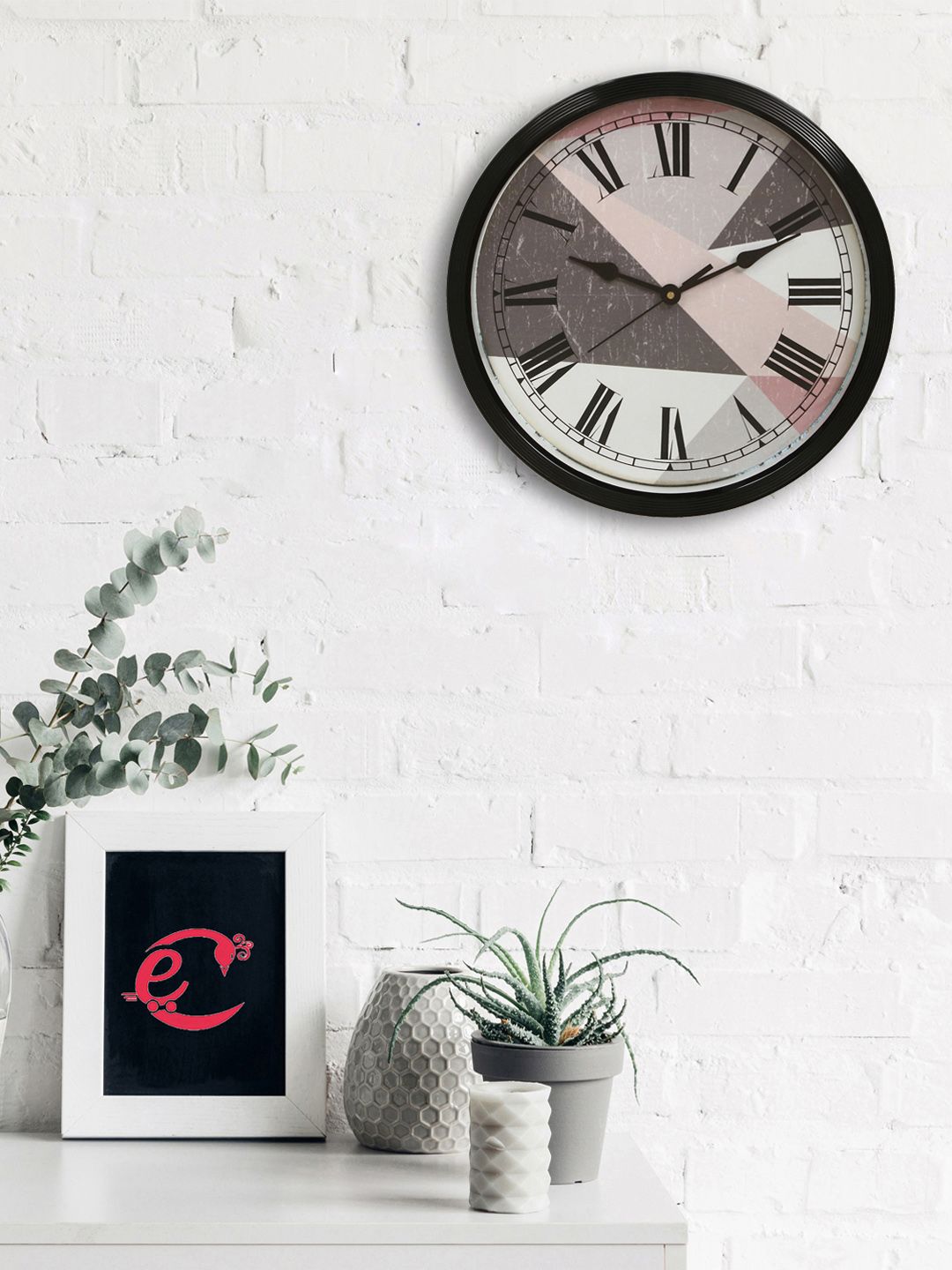 eCraftIndia Black & Brown Round Colourblocked 31 x 31 CM Analogue Wall Clock Price in India