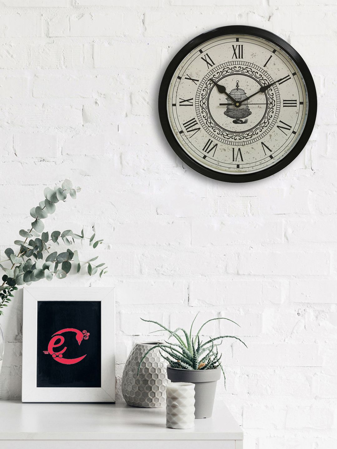 eCraftIndia Black & Off-White Round Printed 31 x 31 CM Analogue Wall Clock Price in India