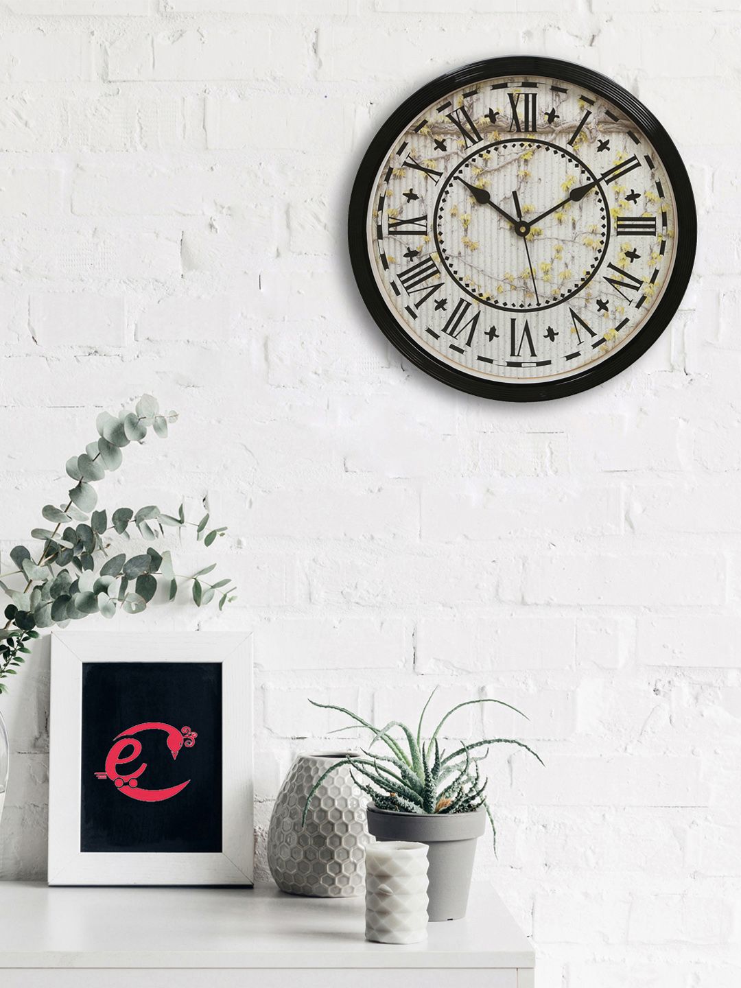 eCraftIndia Black & Off-White Round Printed 31 x 31 CM Analogue Wall Clock Price in India