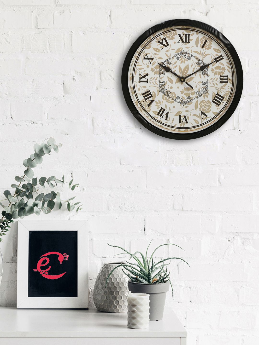 eCraftIndia Black & Beige Round Printed 31 x 31 CM Analogue Wall Clock Price in India