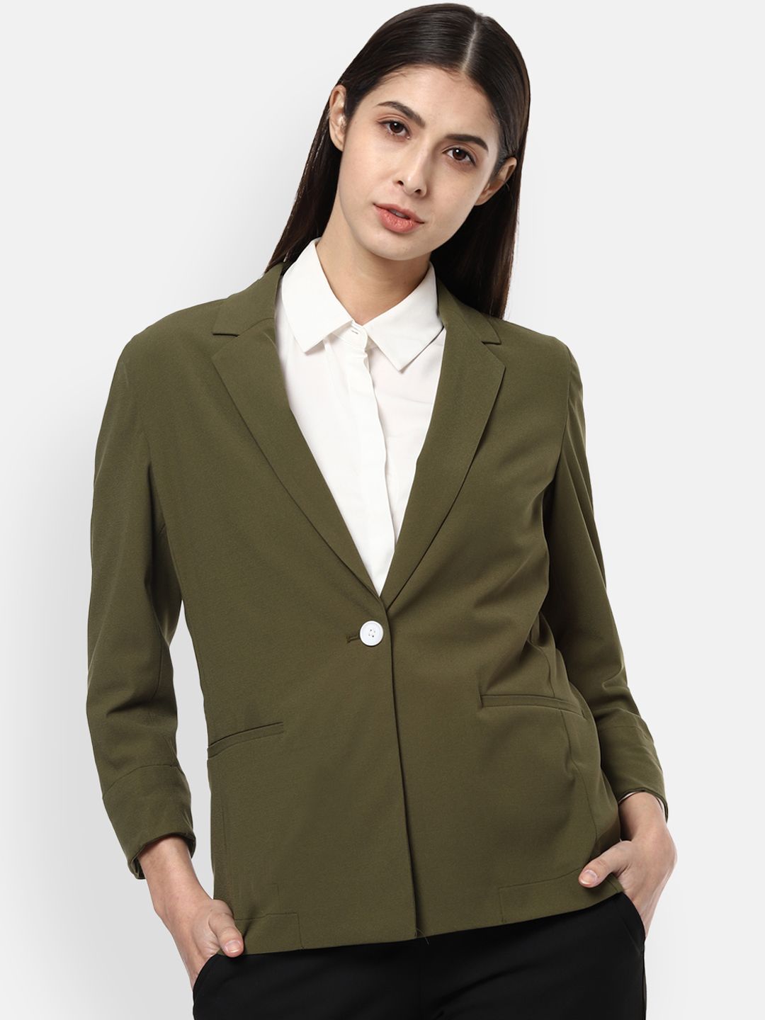 Van Heusen Women Olive Green Solid Single-Breasted Casual Blazer Price in India