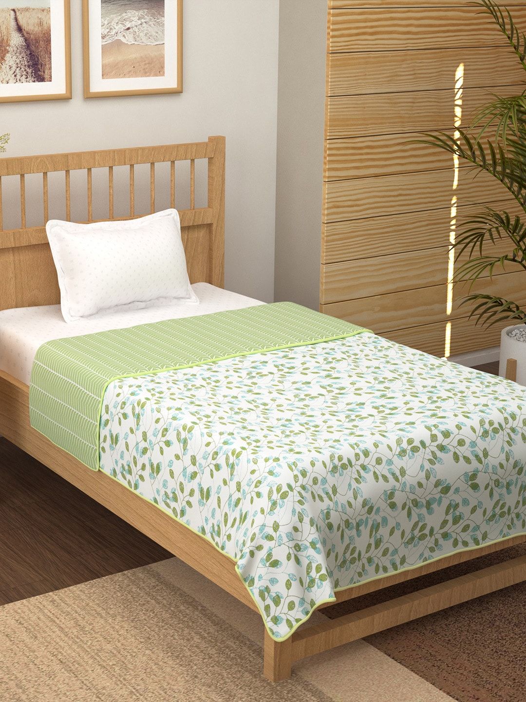 Story@home White & Green Floral Mild Winter 150 GSM Single Bed Dohar Price in India