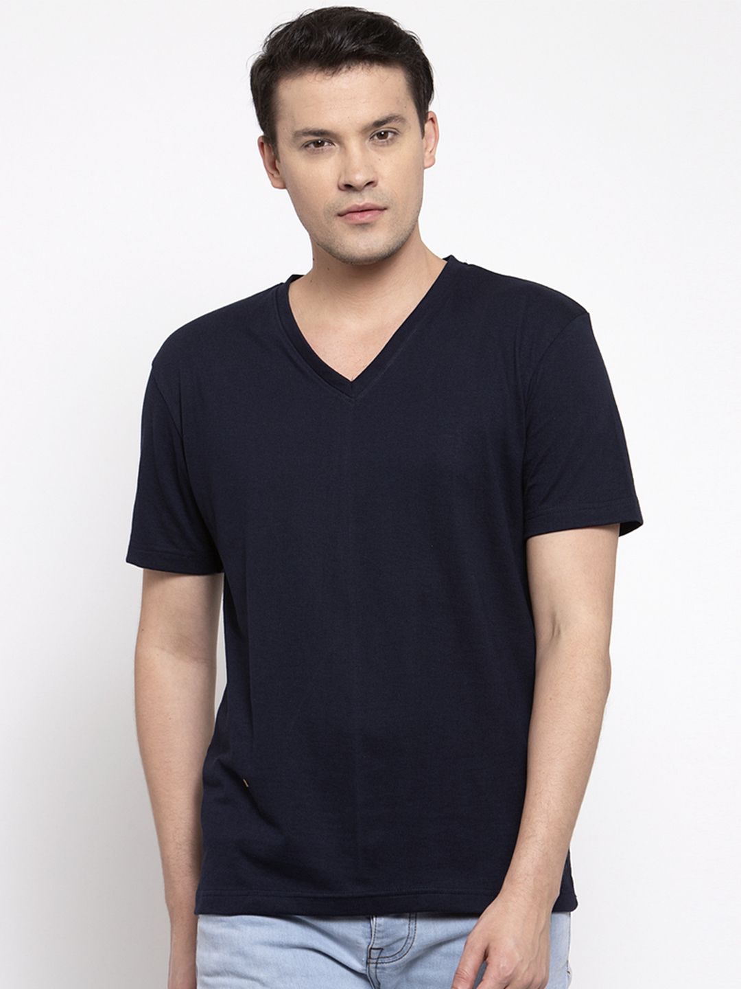 Friskers Men Navy Blue Solid V-Neck T-shirt