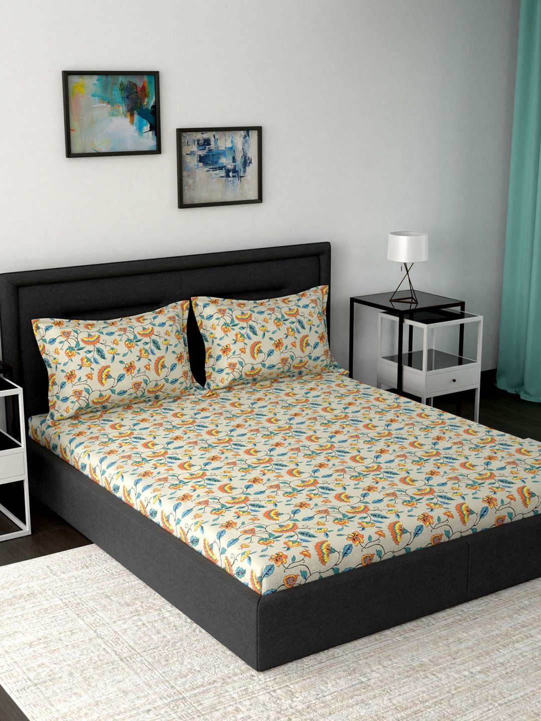 In-House by maspar In-House by maspar Superfine Beige Floral Cotton 160 TC Fitted Queen Bedsheet with 2 Pillow Covers-108 x 88 inches