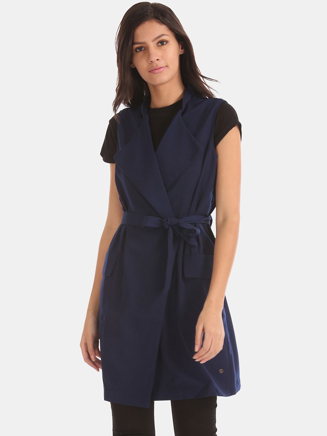 U.S. Polo Assn. Women Navy Blue Solid Open Front Longline Shrug Price in India