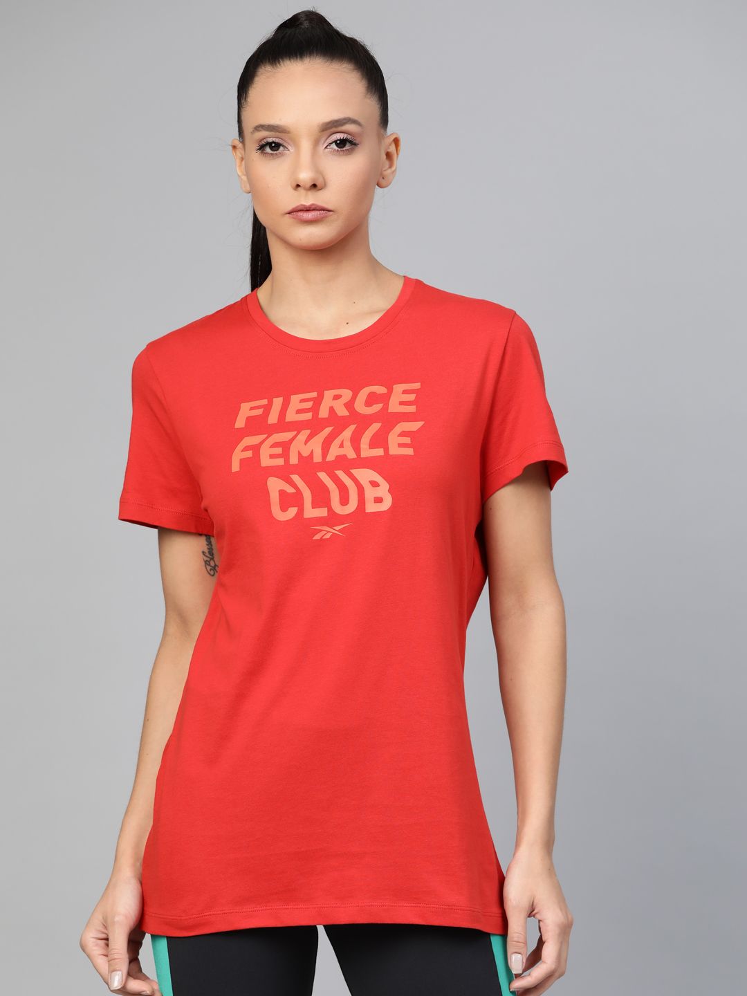 Reebok Women Red Training Essentials Fierce Graphic Print Pure Cotton T-shirt Price in India