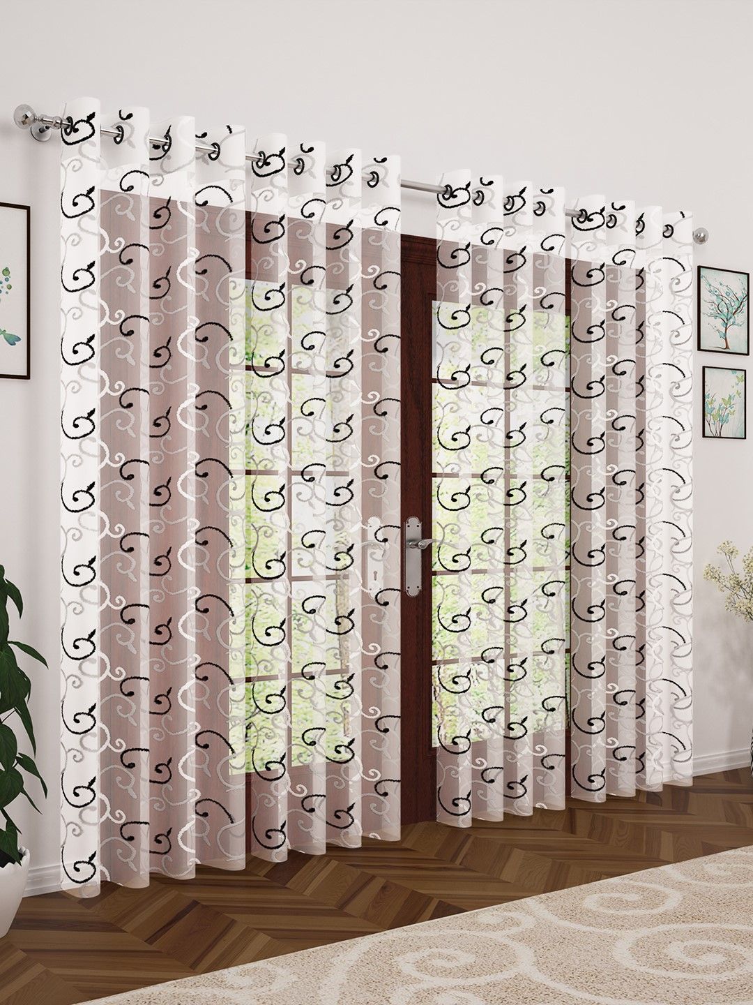 Story@home White & Grey Set of 4 Embroidered Tissue Jacquard Textured Door Curtains Price in India