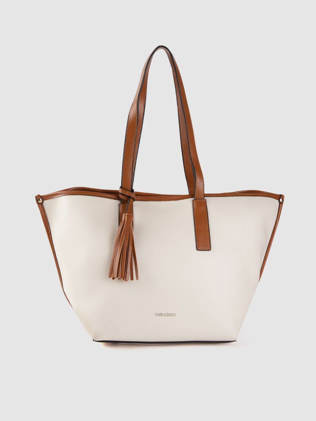 MIRAGGIO White & Brown Solid Tasselled Tote Bag Price in India