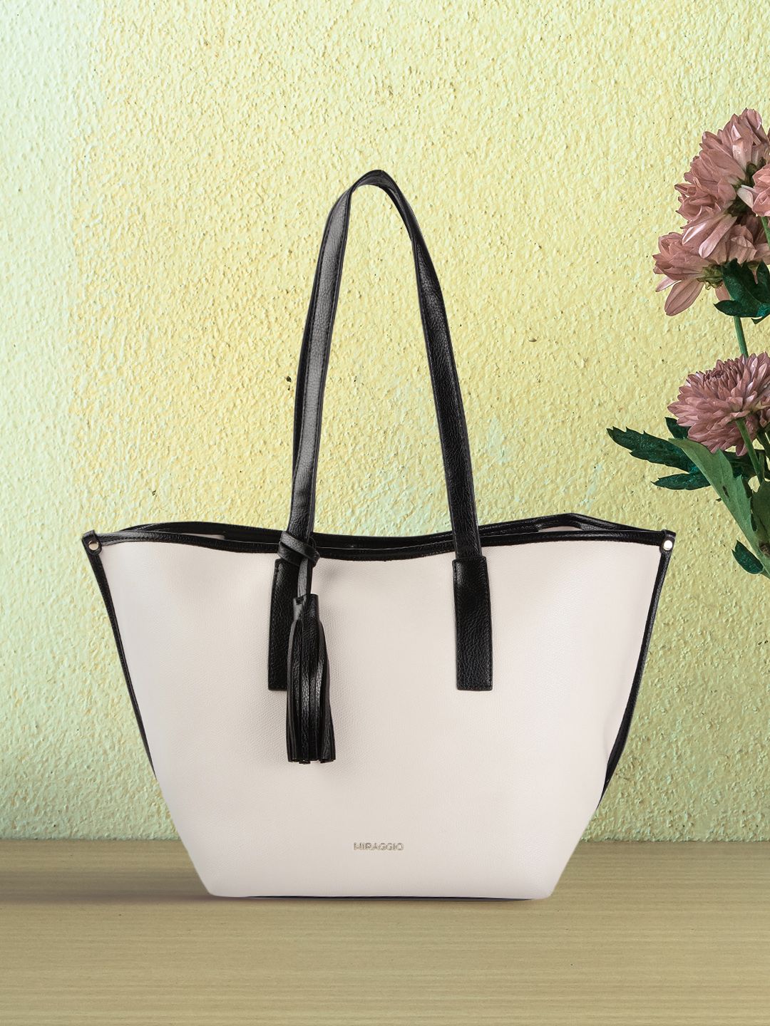 MIRAGGIO White & Black Solid Tasselled Tote Bag Price in India