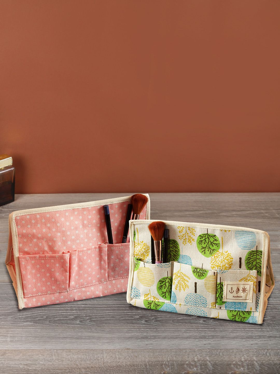 Cortina Set Of 2 Off-White & Pink Printed Multi-Utility Table-Top Organisers