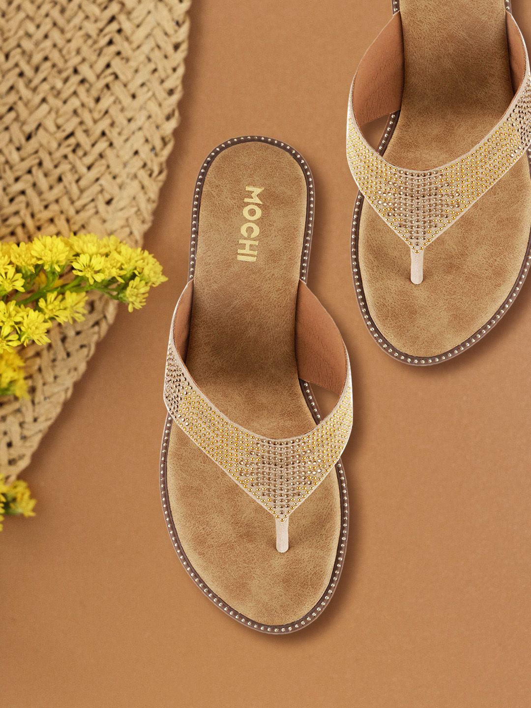 Mochi Women Beige Embellished Sandals Price in India
