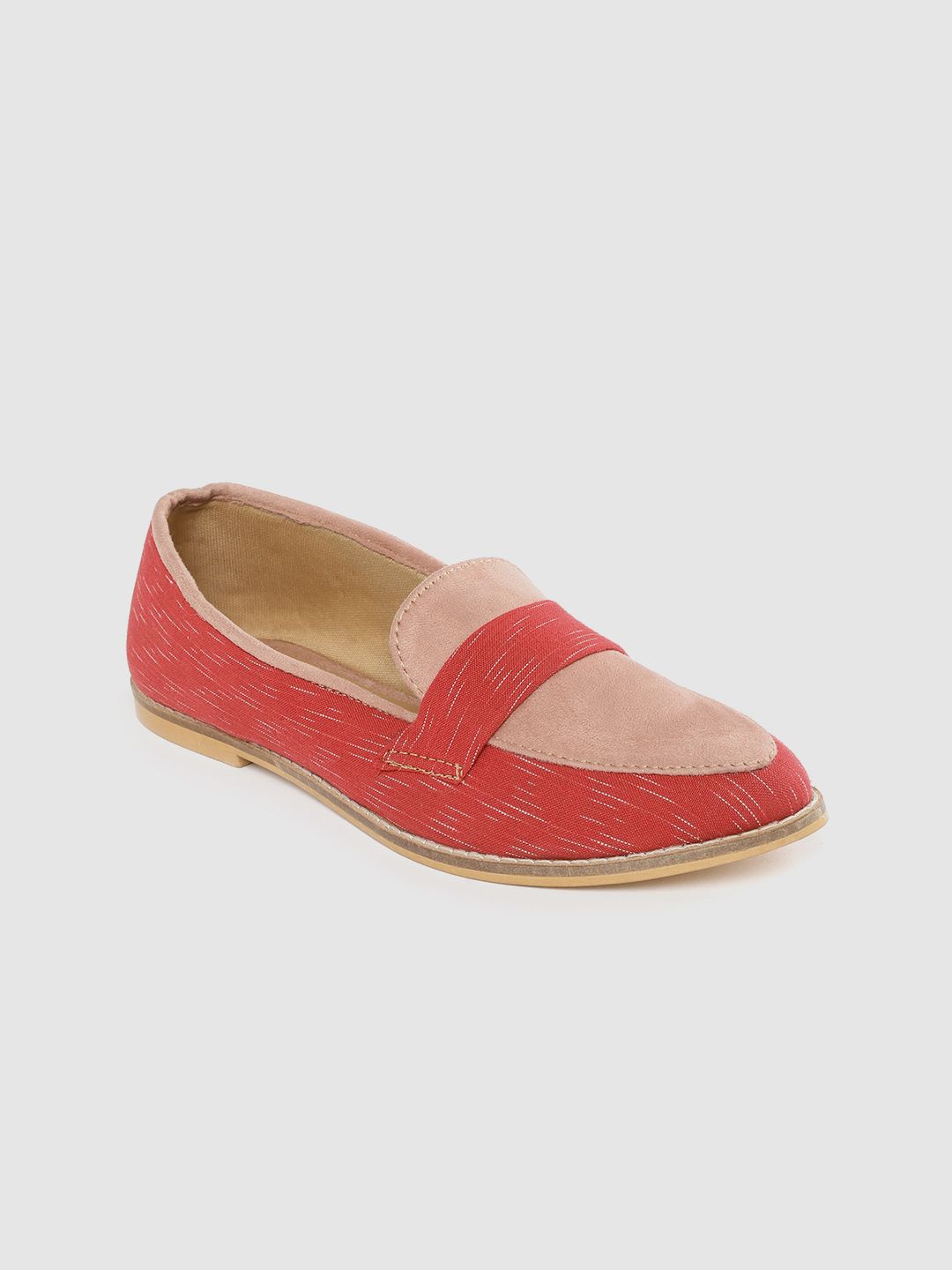 Ekta Women Red & Pink Ikat Pattern Handcrafted Loafers Price in India