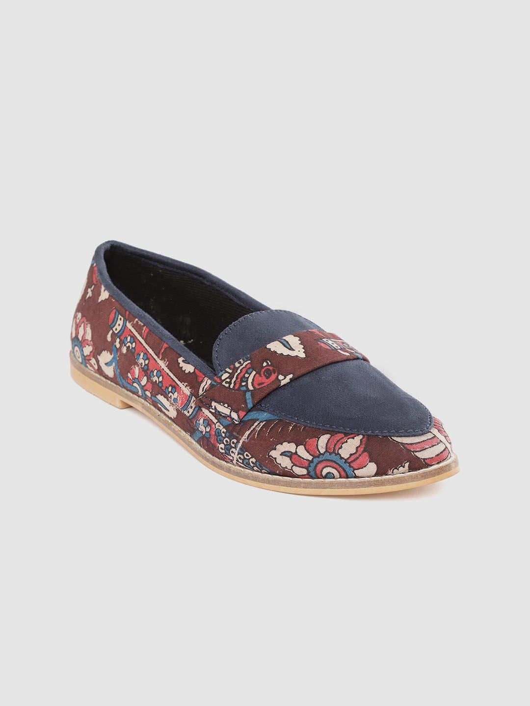 Ekta Women Burgundy & Navy Blue Kalamkari Floral Print Handcrafted Loafers Price in India