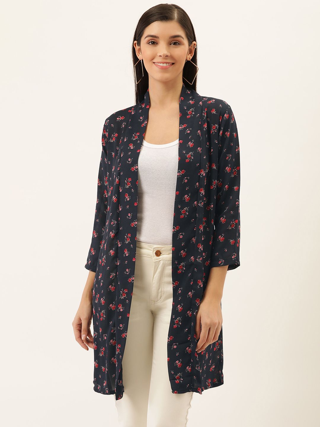 Darzi Women Navy Blue & Red Floral  Print Open Front Shrug Price in India