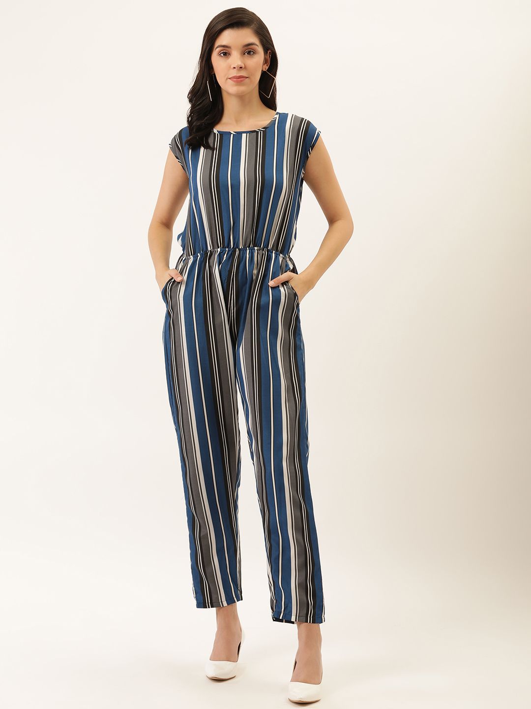 Darzi Women Blue & Charcoal Grey Striped Basic Jumpsuit Price in India