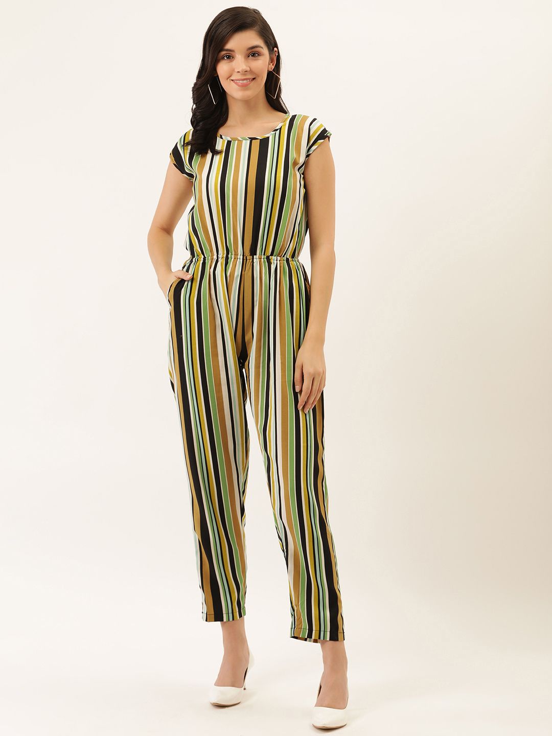 Darzi Women Green & Black Striped Basic Jumpsuit Price in India