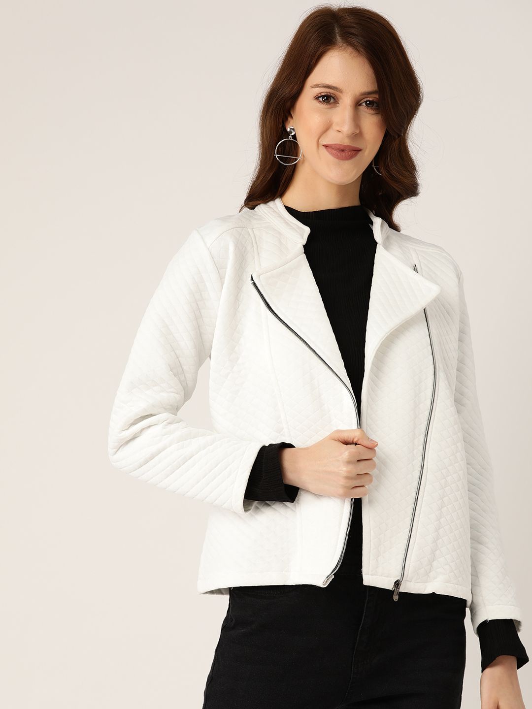 Darzi Women White Solid Asymmetric Closure Quilted Jacket Price in India