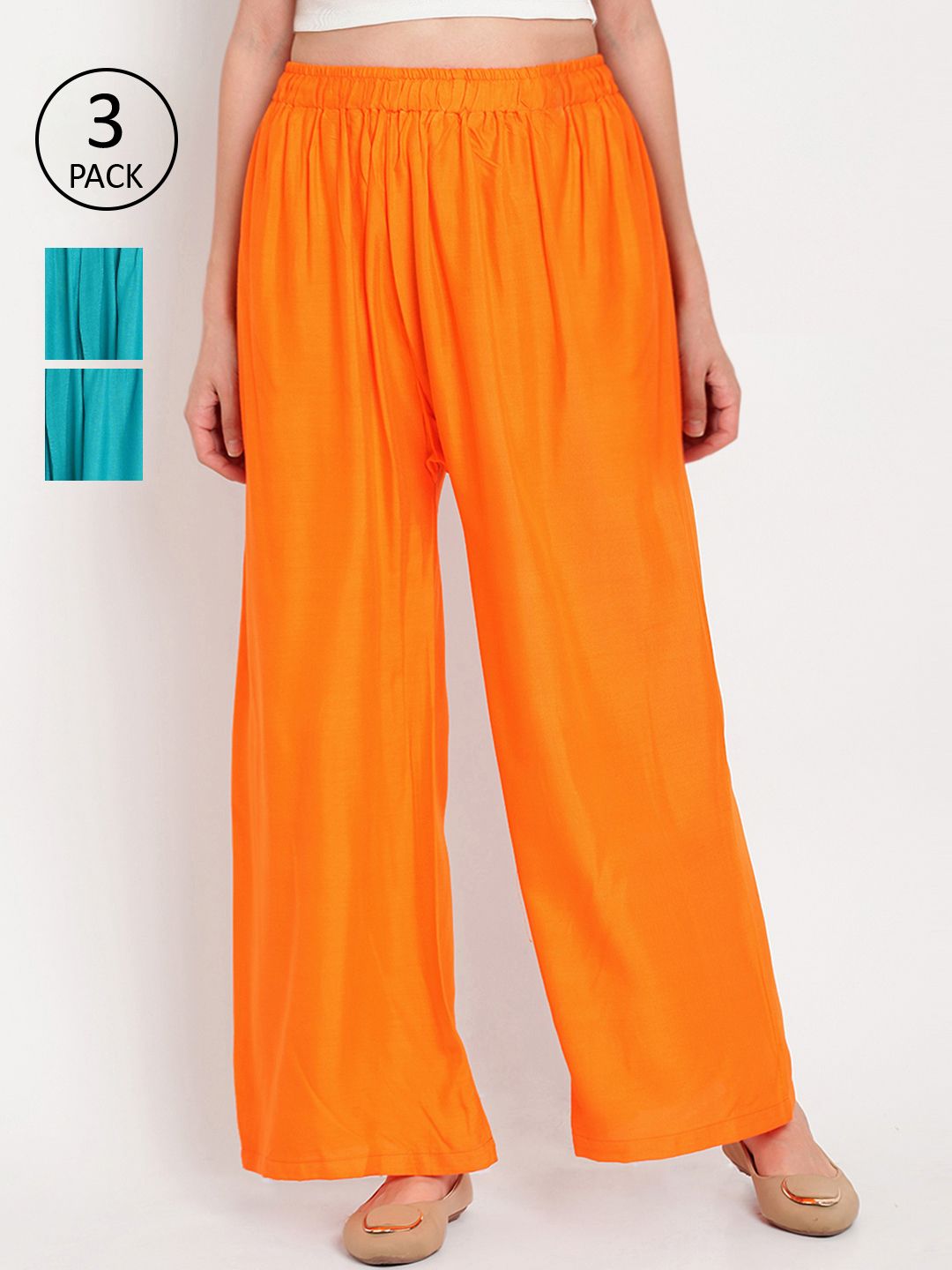 TAG 7 Women Pack of 3 Orange & Turquoise Blue Solid Wide Leg Palazzos Price in India
